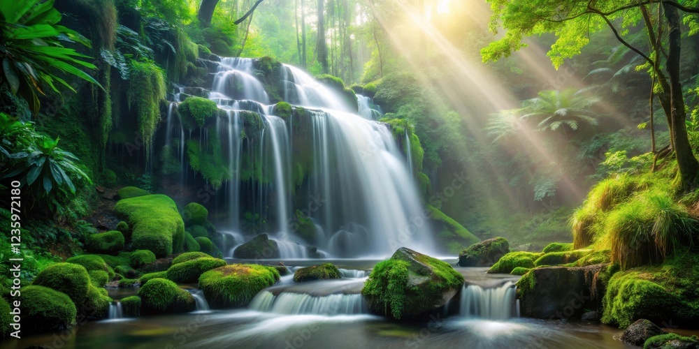 Aufkleber A cascading waterfall in a lush forest, illuminated by golden rays of sunlight that pierce through the dense foliage, creating a serene and mystical atmosphere.