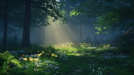 Fototapeta premium A serene forest scene with sunlight filtering through trees, illuminating vibrant flowers.