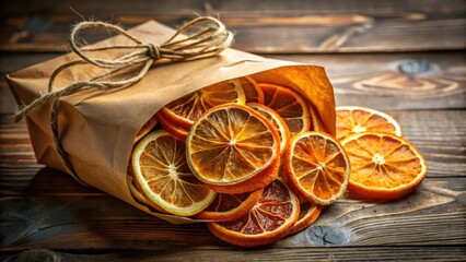 A rustic brown paper bag overflowing with sun-dried citrus slices, revealing a symphony of warm hues and a sweet, fragrant aroma.