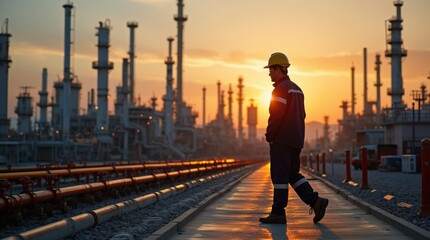 Fototapeta premium Engineering Excellence: A Day in the Life of an Industry Worker. Sunset Over the Refinery: Capturing Industrial Strength. Safety First: The Essential Gear for Industry Professionals.