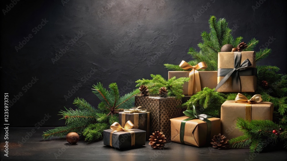 Aufkleber a festive arrangement of wrapped gifts adorned with elegant bows and pine branches, creating a minim