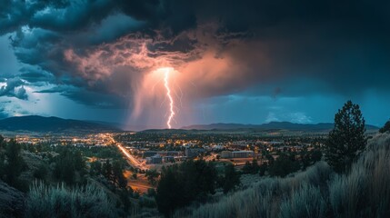 Fototapeta premium Lightning strikes over a city at night. Dramatic clouds and city lights create a stunning contrast.