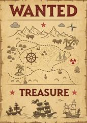 Antique Pirate Adventure Map with Detailed Illustrations of Ships, Compass, and Treasure Trails