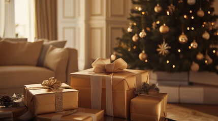Christmas gifts with golden wrapping under a decorated tree