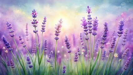 Naklejka premium A Field of Lavender Blossoms Bathed in Soft, Pastel Hues, a Symphony of Purple and Green in a Watercolor Landscape