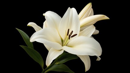 Obraz premium Elegant White Lilies With Dew Drops Against Black Background