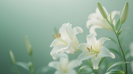 Obraz premium White Lilies With Water Droplets And Soft Green Background