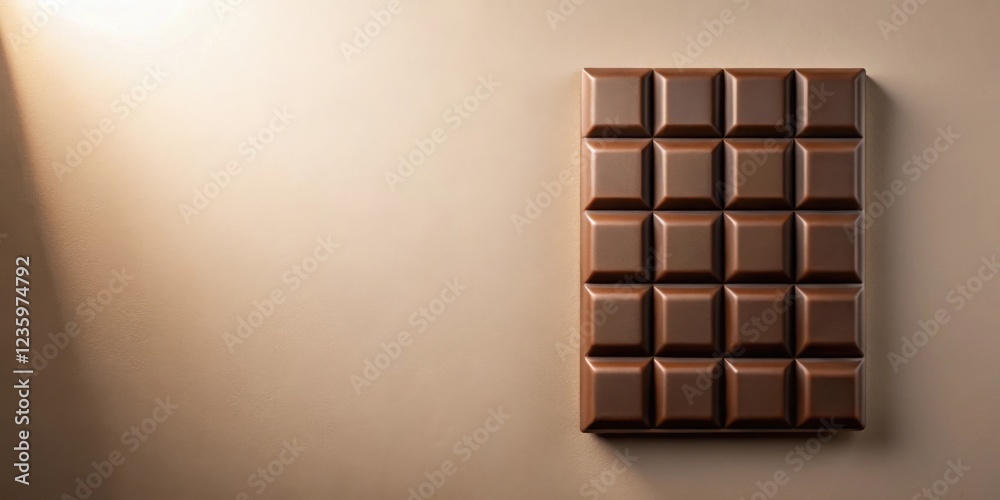 Poster a single bar of milk chocolate against a soft brown background, a simple yet elegant composition.
