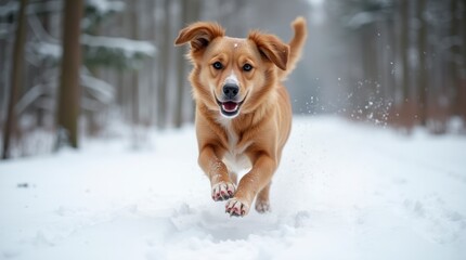 Joyful Winter Adventures: Dog Running Through Snow.
Snowy Fun: A Happy Dog in a Winter Wonderland.
Winter Playtime: Unleash Joy in the Snowy Forest.