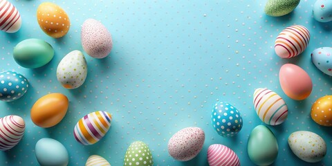 Fototapeta premium Colorful Easter Eggs Decorated with Polka Dots, Stripes, and Speckles on a Pastel Blue Background with Subtle Glitter