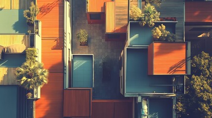 A top-down view of a modular construction process using prefabricated units.