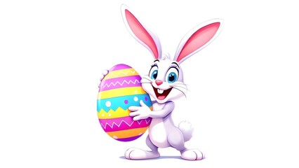 Fototapeta premium A Playful Cartoon Rabbit Proudly Presents a Colorful Easter Egg, Featuring Expressive Features and a Festive Design
