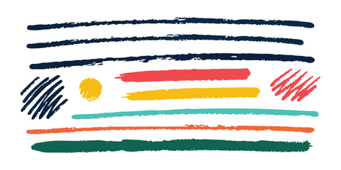 Obraz premium Set hand drawn modern illustration features chalk lines, charcoal strokes, underlines, crayons, brush lines, and grunge texture, isolated on white.