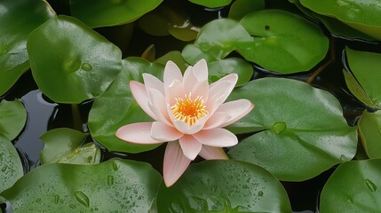 Pink Water Lily in Green Lily Pads Tranquil Water Garden
