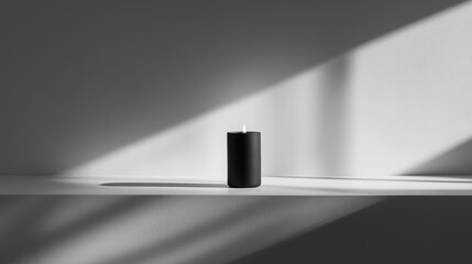A single black candle burns brightly on a minimalist white shelf, bathed in sunlight.