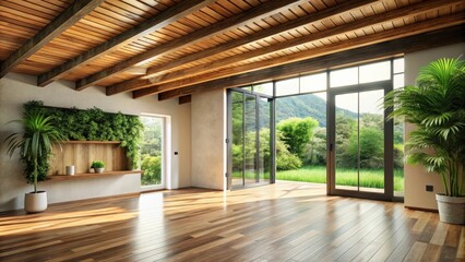 Spacious modern home with a large window overlooking a grassy area and mountains in the distance. The room features wooden beams, a green wall, and a hardwood floor.