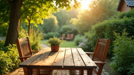 Naklejka premium Relaxation Awaits: Dining in a Lush Garden Oasis. Embrace Nature: Cozy Outdoor Furniture for Tranquility. Golden Hour in the Garden: Perfect Moments to Enjoy.
