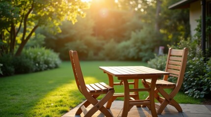 Fototapeta premium Sunlit Outdoor Bliss: A Charming Garden Table Setup. Relax in Nature: Inviting Outdoor Dining at Dusk. Escape to Serenity: A Cozy Table in a Lush Garden.