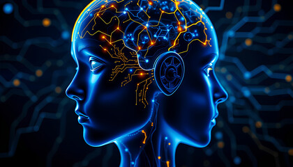 Obraz premium Side view of a humanoid head with blue and yellow eyes and vibrant neon neural network, robot face, representing futuristic technology and artificial intelligence. Generative AI