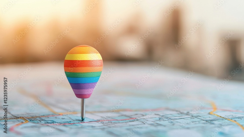 Poster Icon Pin Location rainbow Hand drawn rainbow pin icon with a textured effect, placed on a hand sketched map, represents a personalized or community based location