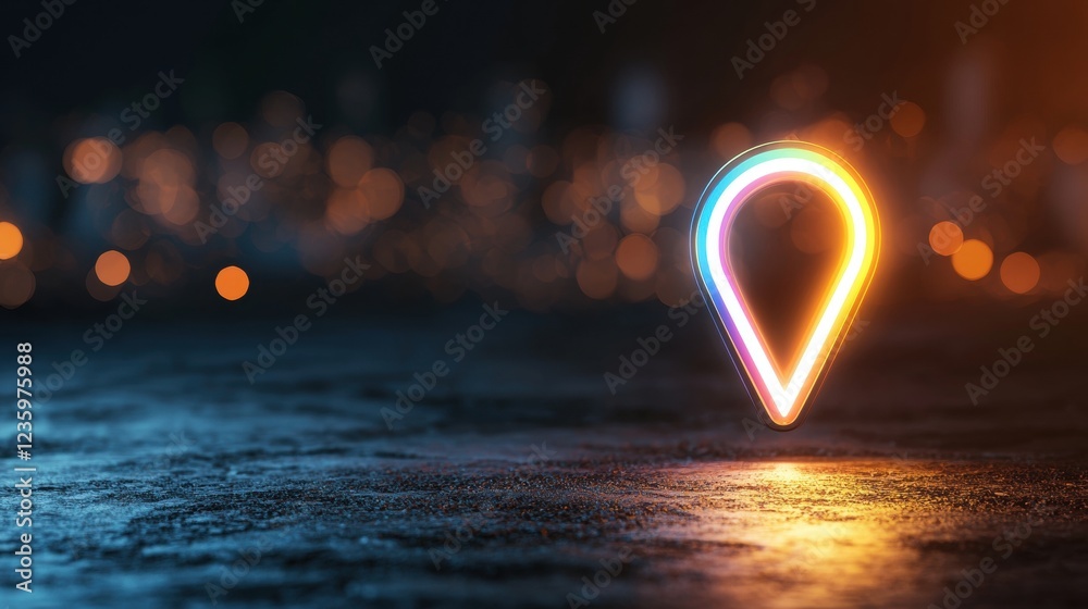 Poster icon pin location rainbow animated rainbow pin icon pulsating with light, placed on a dark map, high