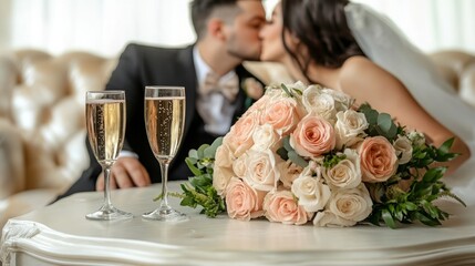couple sitting on sofa, kissing each other, white wall under couple, on coffee table is two glasses with champagne and bouquet of roses