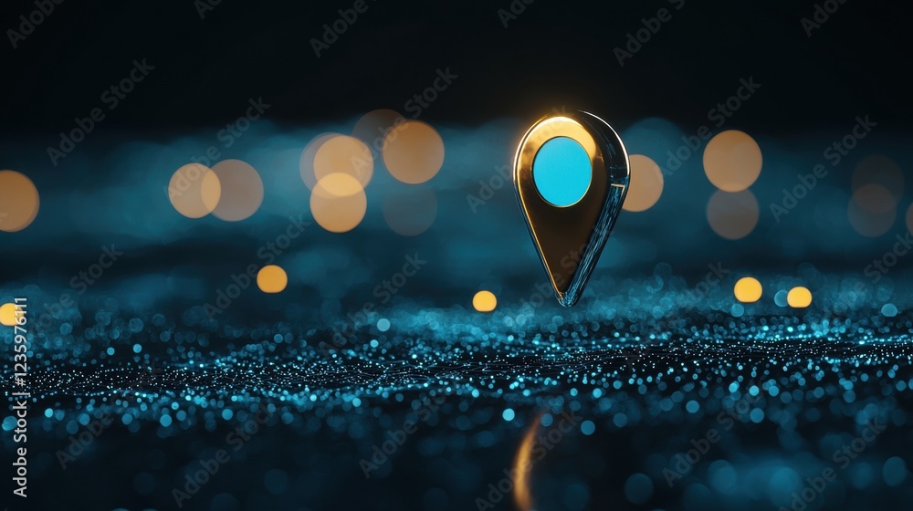 Poster icon pin location futuristic sleek metallic pin location icon with glowing blue accents, displayed o