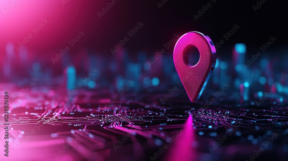 Leinwandbilder Icon Pin Location futuristic 3D pin location icon with digital circuits and data streams, hovering over a futuristic cityscape, symbolizes a technologically advanced location