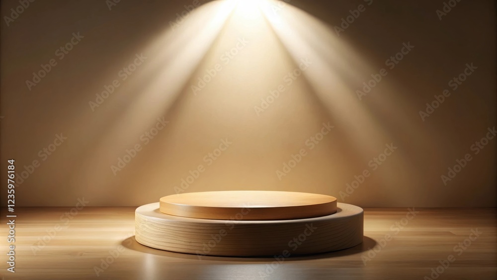 Aufkleber a simple wooden platform in front of a soft beige wall illuminated by a warm spotlight