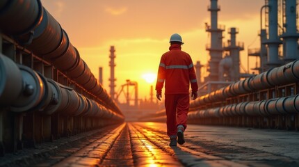 Fototapeta premium Walking Towards Safety: An Energy Worker at Sunset. Dedication in the Energy Sector: A Worker’s Journey. Sunset Reflections: The Life of an Industrial Worker.
