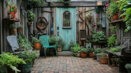 A serene garden courtyard with plants, seating, and a rustic door.