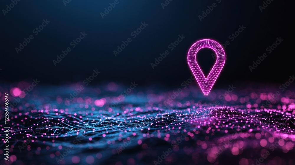 Poster Icon Pin Location futuristic Geometric pin icon made of interconnected lines and nodes, placed on a digital map with glowing data points, symbolizes a complex network or system