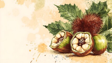 Decorative illustration of opened and whole conkers/chestnuts with leaves. Possible use Educational material, print, or digital art design