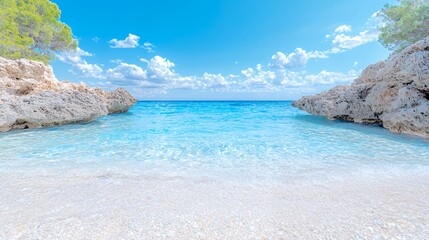 Fototapeta premium Secluded cove, turquoise water, white sand beach, sunny sky, summer vacation