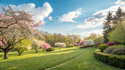 Fototapeta premium Serene Landscape with Blooming Trees Under a Clear Blue Sky