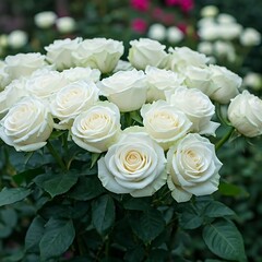 Obraz premium Bunch of white roses image top view in the garden.