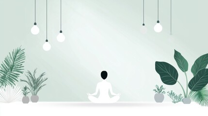 Spa Calming Relaxation Therapy Person meditating in a serene spa room with natural light, surrounded by plants and calming decor, promotes mindfulness and inner peace