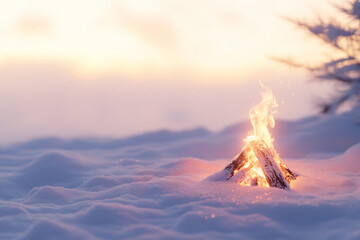 Fototapeta premium Campfire flames on snowy ground