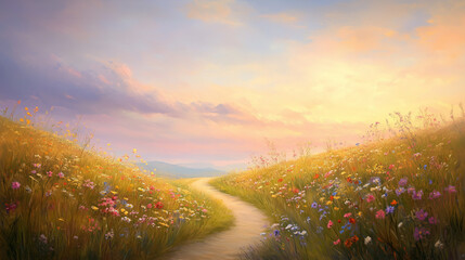 Panoramic digital art majestic river valley with vibrant wildflowers against mountain backdrop