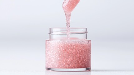 Pink lip scrub being poured into jar