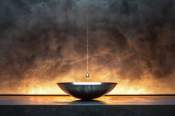 Water drop falling into metal bowl against textured background