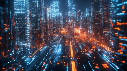 Fototapeta premium Futuristic cityscape with glowing lights and dynamic movement.