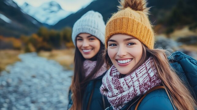 two women best friend smiling standing together at rural countryside of Europe with mountain and coniferous forest backgroud, wearing wintter attire 