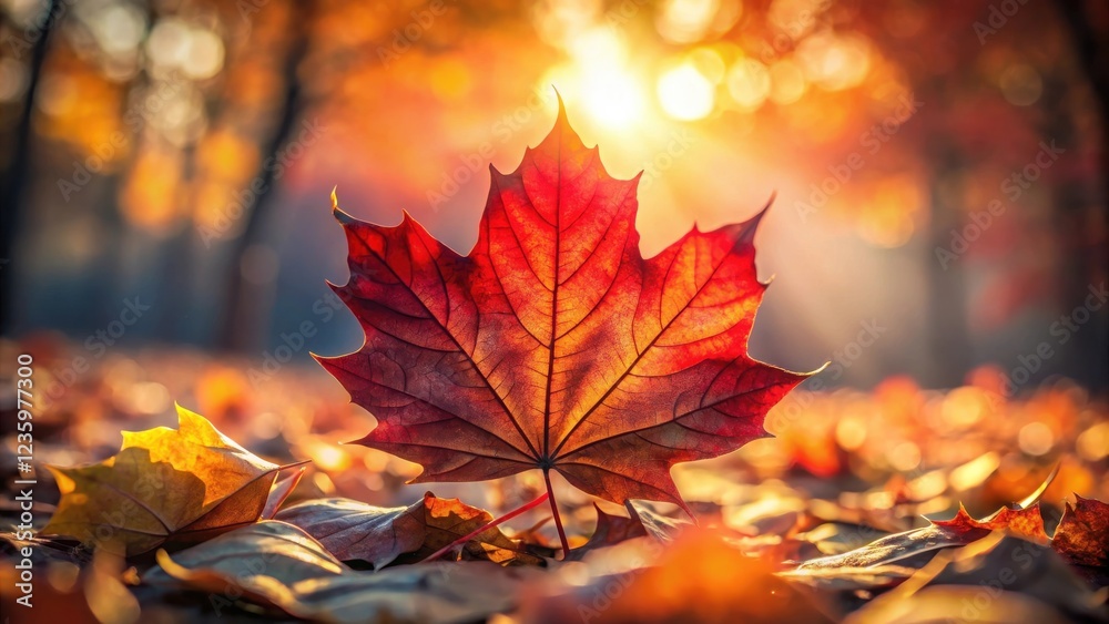 Poster a vibrant red maple leaf illuminated by the golden rays of the setting sun, resting on a bed of fall