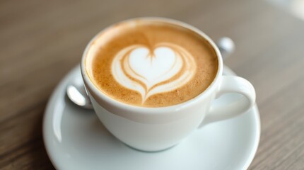 Fototapeta premium a beautifully crafted latte art in a white ceramic cup, with a heart shape in the foam on top.
