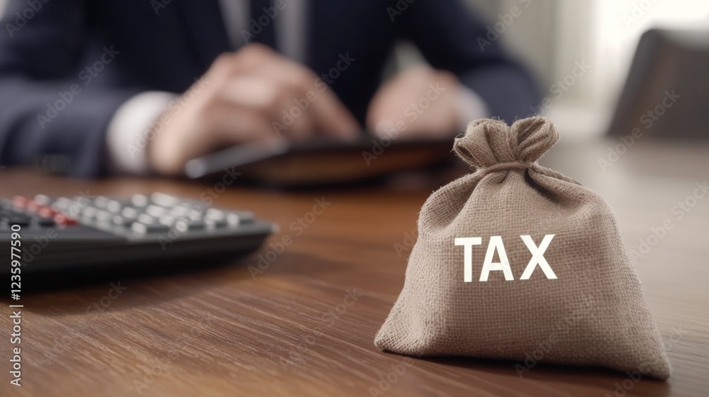 Poster a tax bag sits on a desk with a calculator, while a person works on financial calculations in the ba