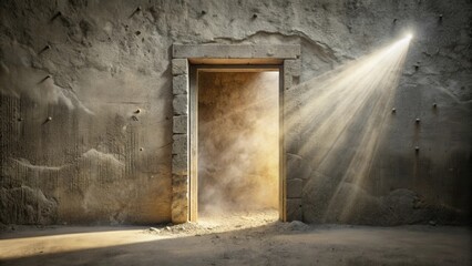 A ray of light shines through a dusty doorway in a crumbling stone wall, revealing a path into a hidden room