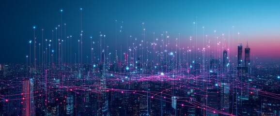 Obraz premium Futuristic cityscape with digital network connections.