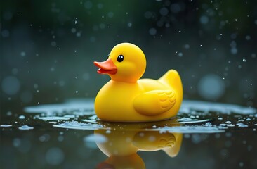 A yellow rubber duck floats serenely in a puddle, the rain cascading around it, creating a mesmerizing scene of nature's playful dance