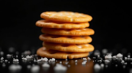 Savory Delight: Stacked Crackers and Sea Salt. Golden Crackers: A Snack Worth Indulging. Perfectly Stacked Crackers on a Dark Backdrop.
